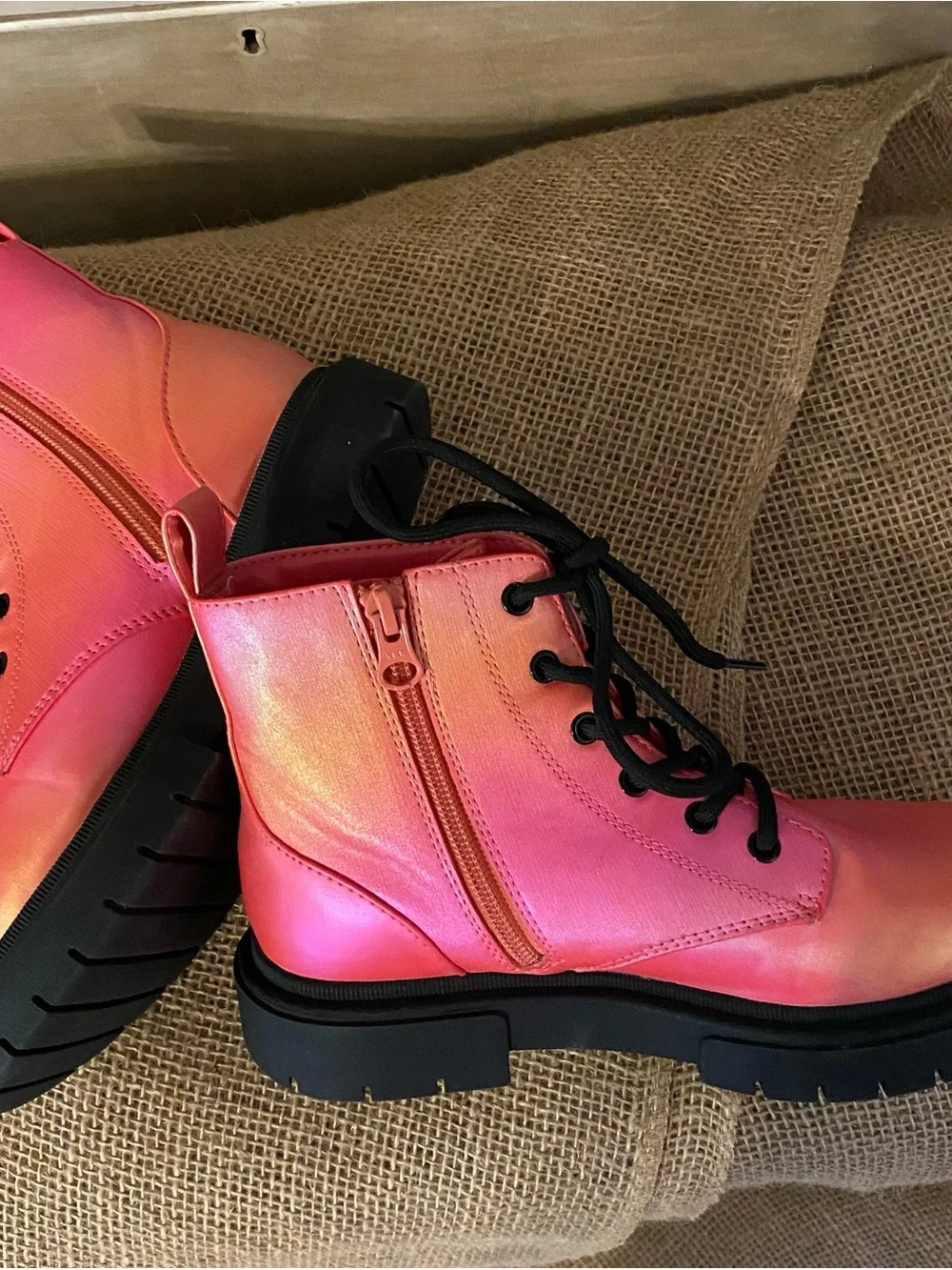 Girls ART CLASS Pink Iridescent Lace Up Zipper Boots Size 3